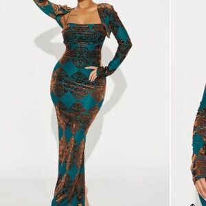 Fashion Nova Teal and Brown Long Sleeve Dress